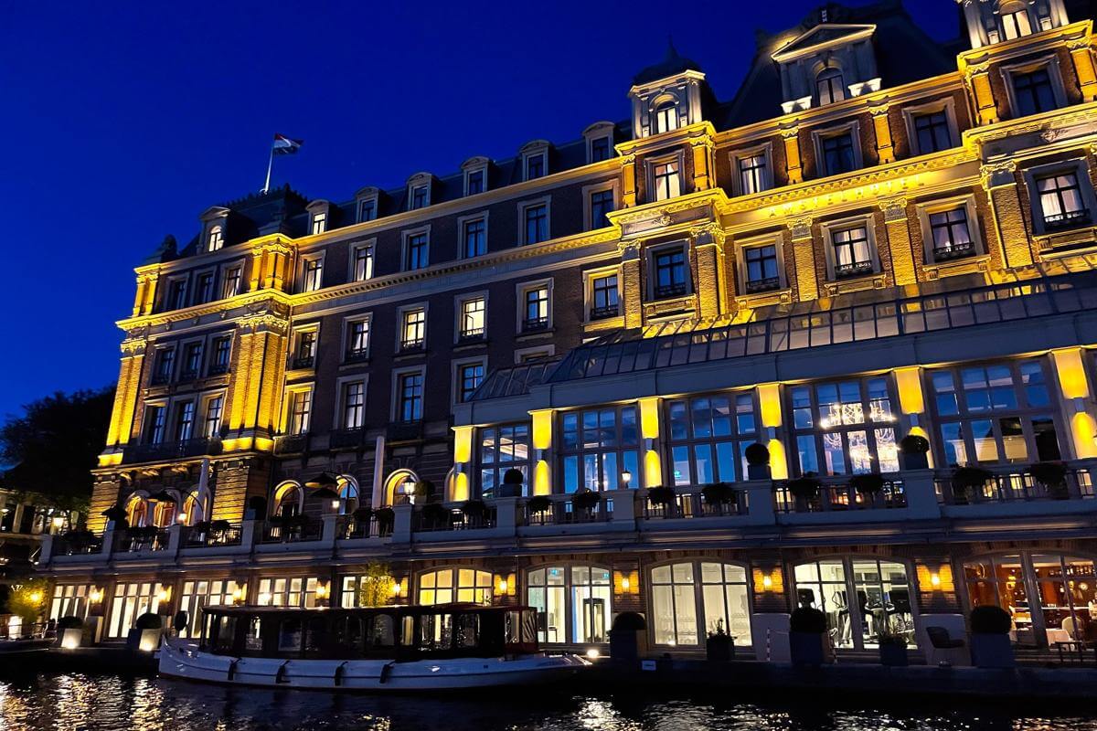 Amstel Hotel at night from the Lovers Dinner Canal Cruise