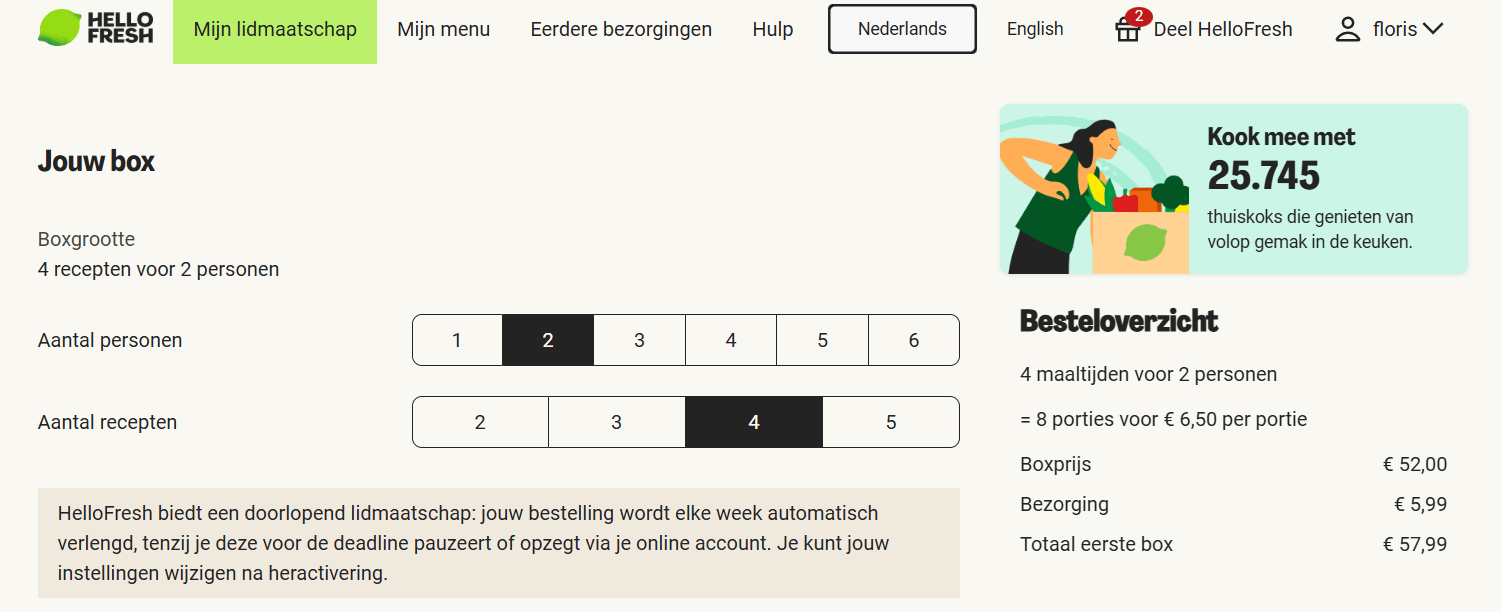HelloFresh aantal personen kiezen