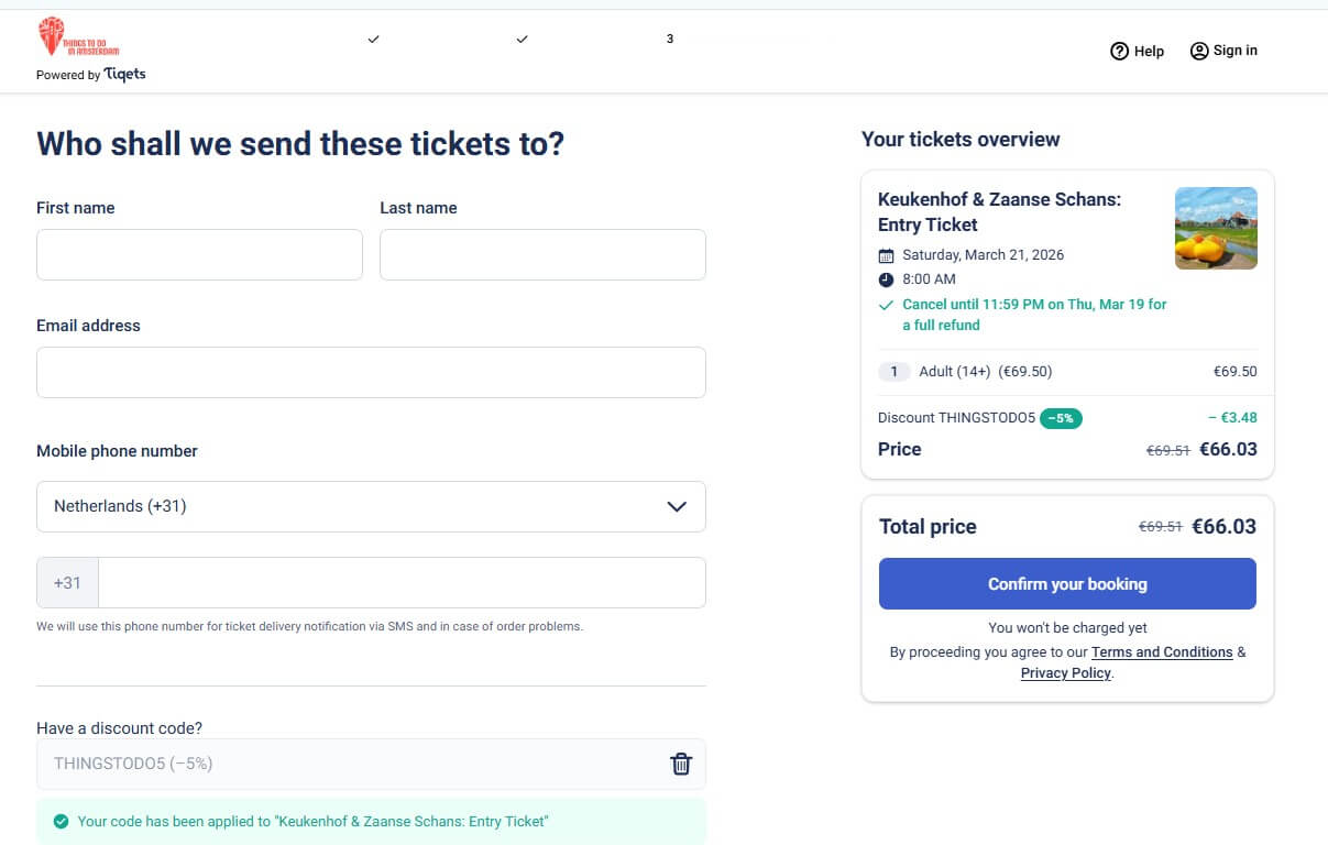 Tiqets 2026 discount code applied in checkout